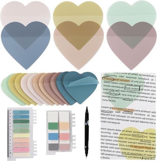 Vuzvuv 920 Sheets Transparent Heart Sticky Notes with Pen, Bulk Translucent Sticky Notes Set for Bible Tabs, Book Tabs, Office School Supplies