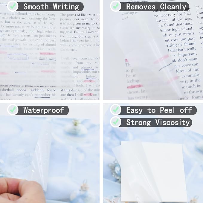 YOUDEFUL 800Pcs Transparent Sticky Notes, 3"x3" Clear Sticky Notes, Waterproof Translucent Sticky Note Pads for Books Annotation, Clear Post it Notes for Bible Study, School, Office（White）