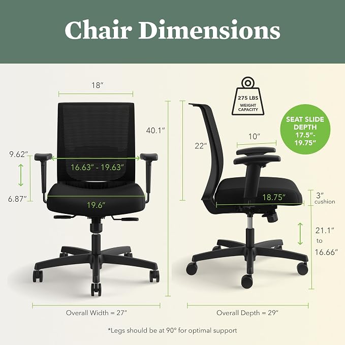 HON Convergence Ergonomic Office Chair with Mesh Back, Adjustable Arms, Lumbar Support, Synchro‑Tilt Desk Chair with Wheels for Home Office or Computer Use, Black Frame, Pear