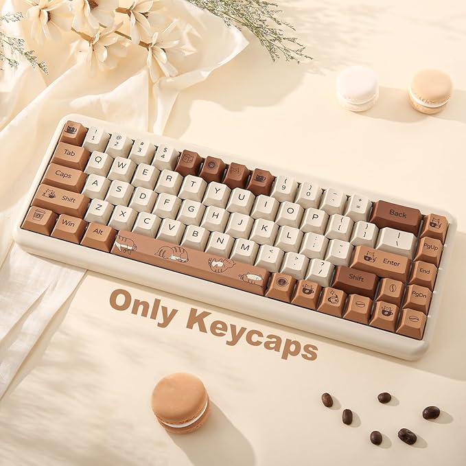 YUNZII Coffee Cat Dye Sub PBT Keycaps,152 Full Keys Dye Sublimation Custom Keycap Set with Key Puller for Cherry Gateron MX Switches Mechanical Gaming Keyboard (Cherry Profile, Coffee Cat)