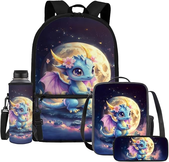 WELLFLYHOM Moon Dragon Elementary School Backpack for Girls, Cute 4PCS Set Backpack with Lunch Box for Kids 6-11, 17 Inch Bookbag with Adjustable Strap for All Day School