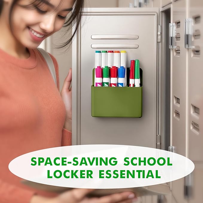 2 Pcs Magnetic Dry Erase Marker Holder for Whiteboard, Plastic Magnetic Pen Holder for Refrigerator Fridge, Magnet Pencil Cup for School Classroom, Locker Accessories, Pen Cup Organizer-Army Green
