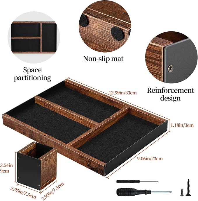 Desk Tray with Pen Holder Set | Desk Drawer Organizer for Home Office Decor | Farmhouse Wood & Metal Organizer Tray for Keys, Pen, Watch | Premium Gifts