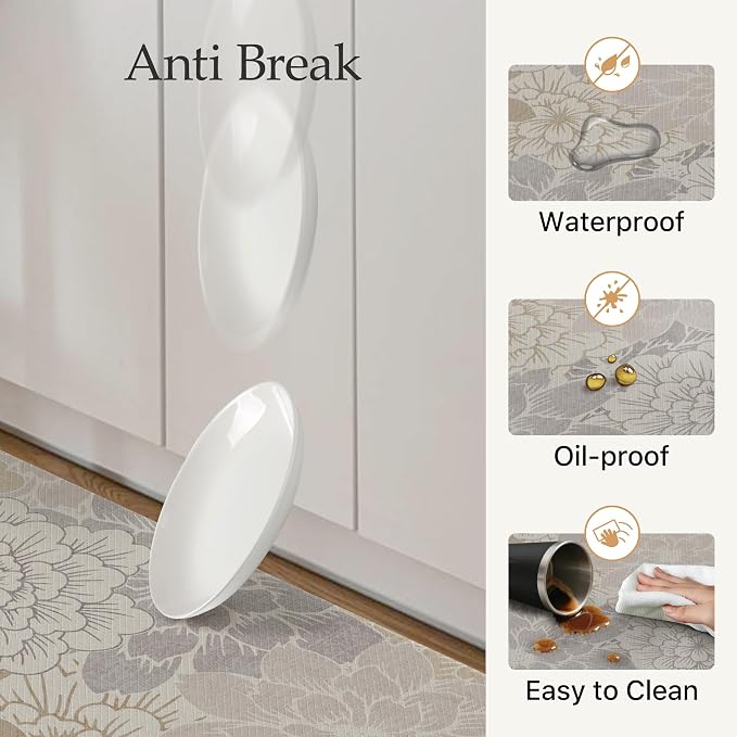 GENIMO Anti Fatigue Kitchen Mats for Floor 2PCS, Cushioned Standing Mats | 17.3"x47"&17.3"x30", Milky White vintage floral rug set, waterproof, non slip, easy-clean for farmhouse