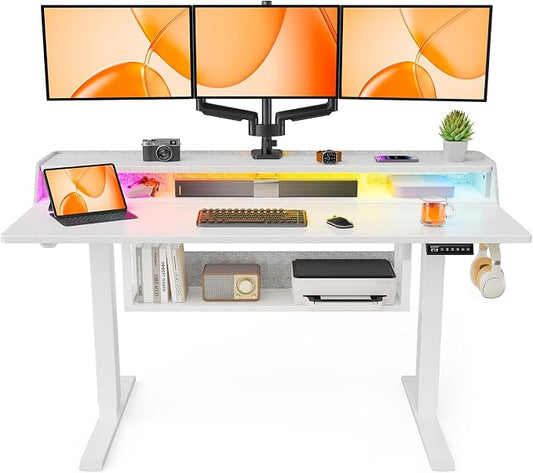 ErGear Electric Standing Desk, 55x28 Inch Adjustable Sit Stand Desk with Bookshelf & Monitor Stand, Standing Gaming Desk with LED Light Strip, Stand Up Desk for Home Office, White | Raised Monitor Stand, 27.9–46.9 Inch Height Range, 4 Memory Presets, 1...