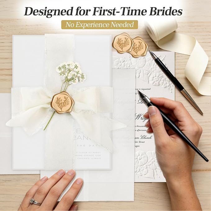 Wedding Invitation Accessories Kit, Pre-Folded Vellum Jackets for 5×7 Invitations with Wax Seal Stickers, Ribbon & Dried Flowers, Elegant Wedding Invitation Accessories for DIY Bridal Invites (Off-White, 50)