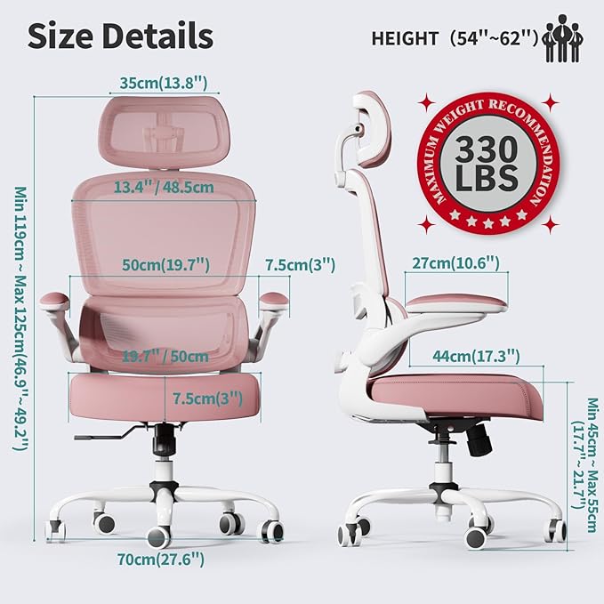 TRALT Office Chair Ergonomic Desk Chair, 330 LBS Home Mesh Office Desk Chairs with Wheels, Comfortable Gaming Chairs (Pink)