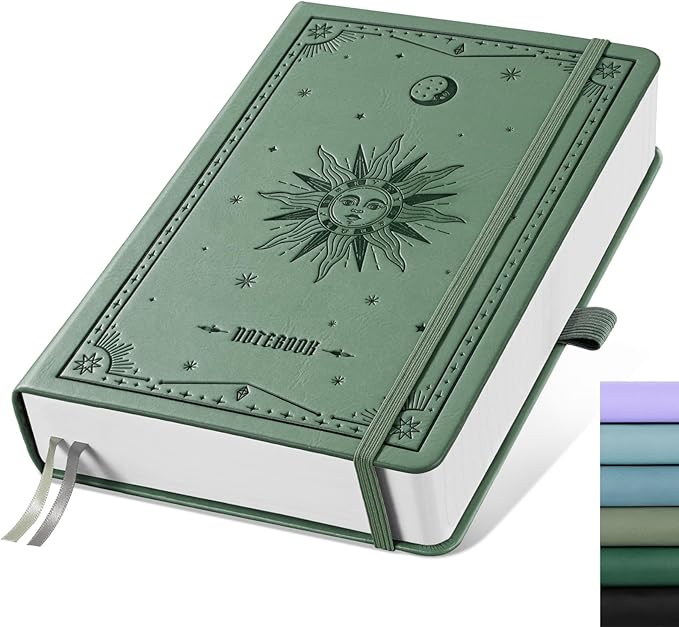 EMSHOI Dotted Journal Notebook, 320 Pages, A5 Small 5.75"x8.38", PU Leather Hardcover, 100 GSM Thick Paper, 5mm Dot Grid Notebook for Journaling, Planning, Drawing, Writing, Green
