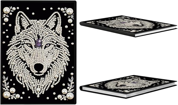 FRANDEK Pearl Painting Notebook Kit, Black and White Wolf A5 DIY Journal with 50 Blank Pages, Diamond Gem Art Cover with Waterproof Canvas, Beginner Craft Set with Full Tools for Adults