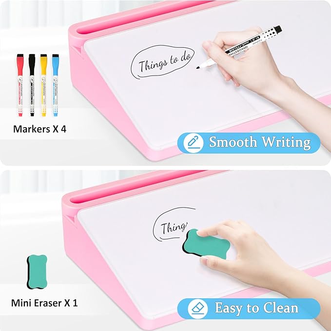 DOLLAR BOSS Glass Desk Whiteboard Small Dry Erase Board Desktop White Board with Storage Drawer Computer Keyboard Stand Desk Organizer Office Accessories School Supplies with 4 Markers 1 Eraser, Pink