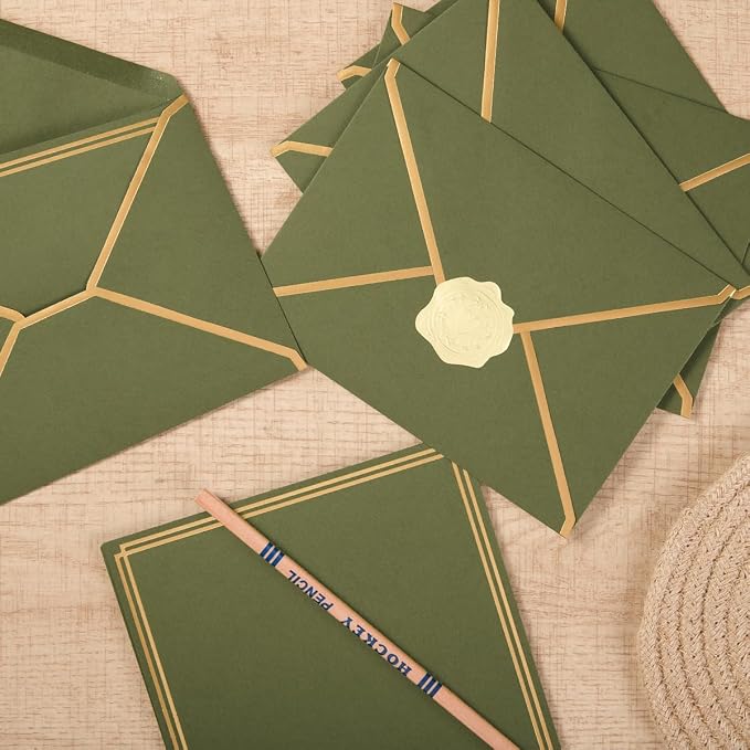50 Pack Stationery Set with Envelopes, Olive Green, 6x8 Inches | Gold Border, A6 Envelopes 4.75x6.5 inch and 6x8 Paper Sheets, Stickers for Letter Writing, Invitations