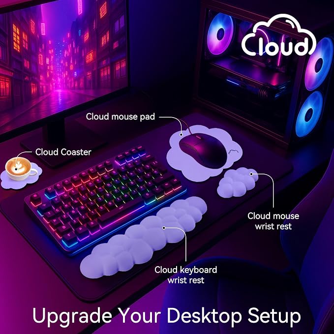 Sushret Cloud Wrist Rest for Computer Keyboard, 4-in-1 Memory Foam Leather Cloud Keyboard Wrist Rest and Mouse Pad Set with Ergonomic Support for Arm and Palm Cushion, Gaming/Work Setup, Purple