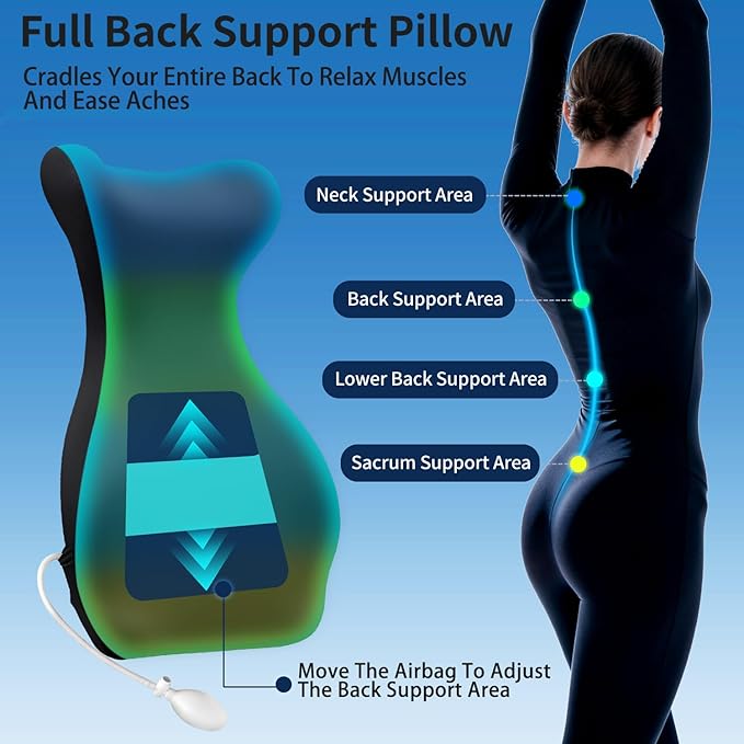 27.7'' Adjustable Airbag Full Back Lumbar Support Pillow, Back Pain Relief | Adjustable Support Back Cushion Upper/Lower Back Pain Relief for Office Chair, Desk, Gaming Chair, Couch, Recliner