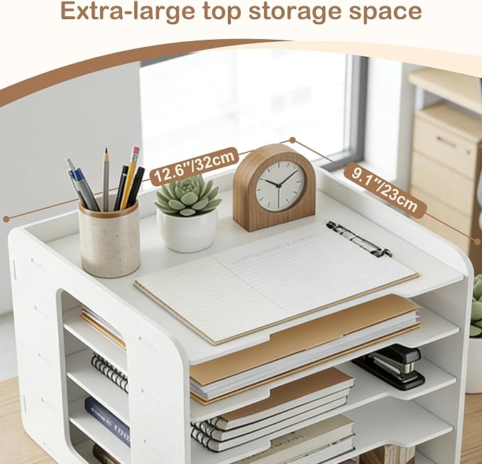 Desk Organizer, 5-Tier File Organizer for Desk, Letter Tray Paper, Desktop Document Sorter for Letter, File Folder Holder with Pen Holder for Office, Home or School- White MLT001W5
