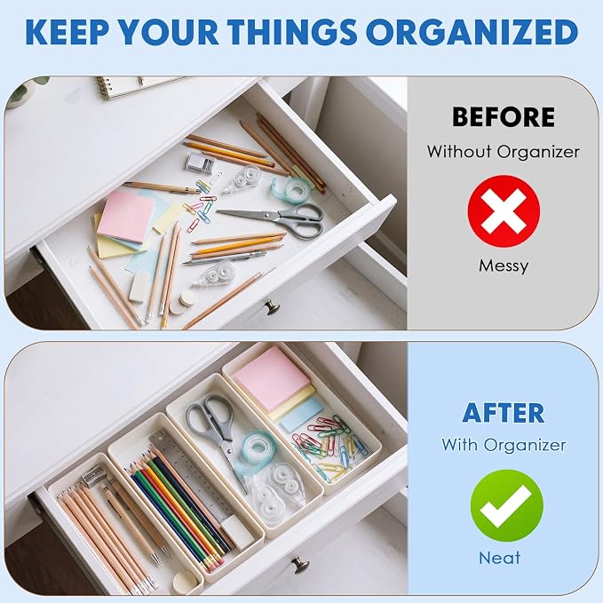 Teling 12 Pcs White Large Rectangular Desk Organizer Set Half Accessory Tray Plastic Tabletop Organizer for Office Home or Study Dimensions: 9.45 x 2.95 x 1.38 Inches