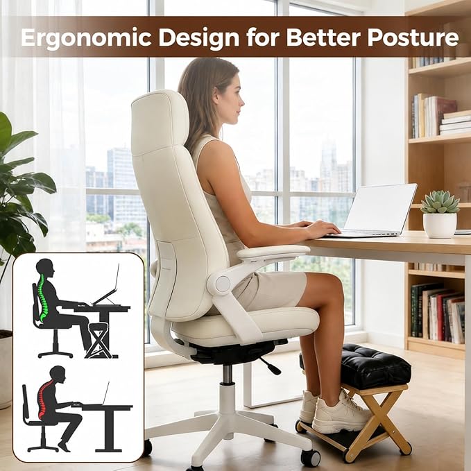 Double Step Foot Rest Under Desk, Ergonomic Foot Stool with Cushioned Top & Non-Slip Surface, Wooden Under Desk Footrest for Work, Office Chair, Home & Gaming