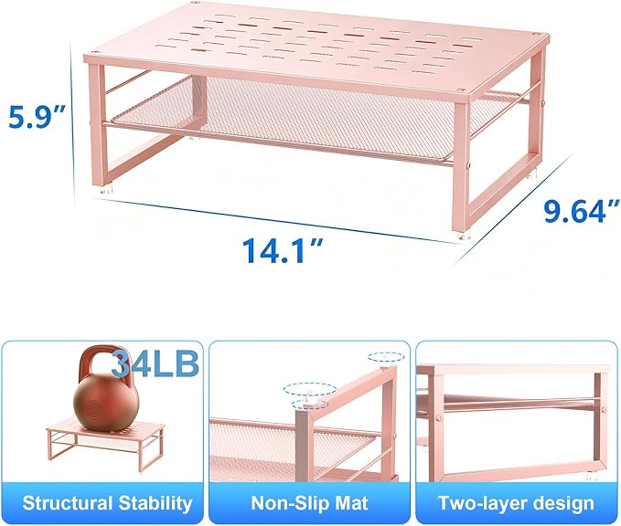 gianotter 2-Tier Metal Monitor Stand Riser, Desk Organizer for Monitor, Office Desk Storage Organizer for Office Supplies (Rose Gold)