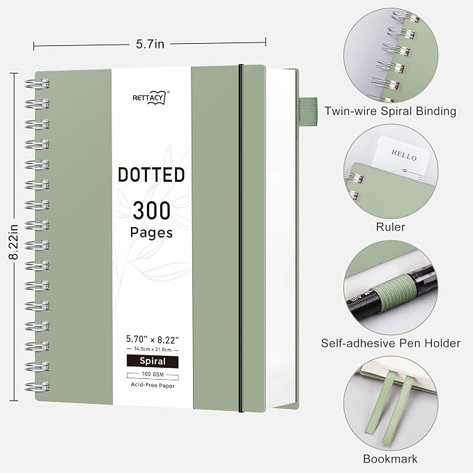 RETTACY Dotted Journal Notebook, 300 Pages, A5 Medium Size (5.7'' × 8.2''), 100 GSM Thick Paper, Flexible Plastic Cover, Spiral-bound, for Journaling, Planning, Tracking (Sage Green)