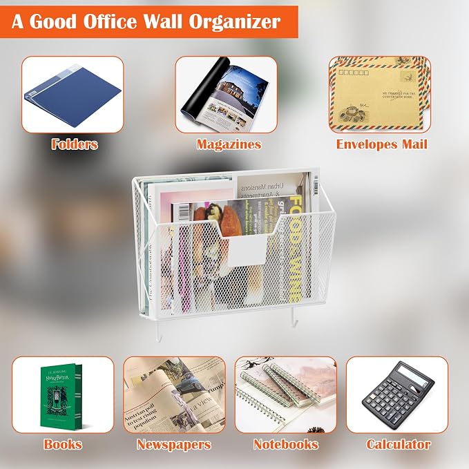 OYEAL Hanging Wall File Organizer Holder 3 Pack Mesh Wall Mounted Magazine Holder with Hooks, Metal Wall Document Pocket Mail Organizer for Office/Home Organization and Storage, White