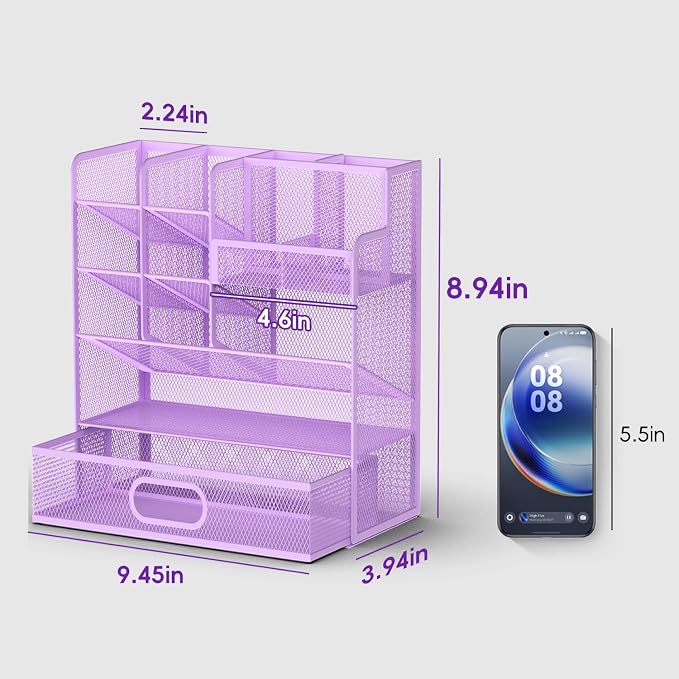 Mesh Pen Organizer for Desk, 13 Compartments with Drawer， Purple | Metal mesh pencil holder and desk organizer with tilted slots for easy access to stationery at home, school or office