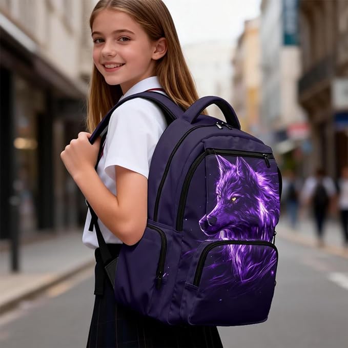 Wolf Backpack with Lunch Box Kids Cool Bookbag Set of 4 Lightweight 4th Grade Backpack for Boys Back to School Supplies with Front Pocket 17 inch School Bag Set for Boys 8