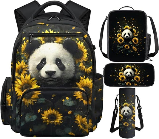 Kids Backpack Panda Floral Large Capacity School Bags and Lunch Box Set, Novelty Graphic Backpack for Middle School & Travel Back to School Supplies for Boys Girls 8-10
