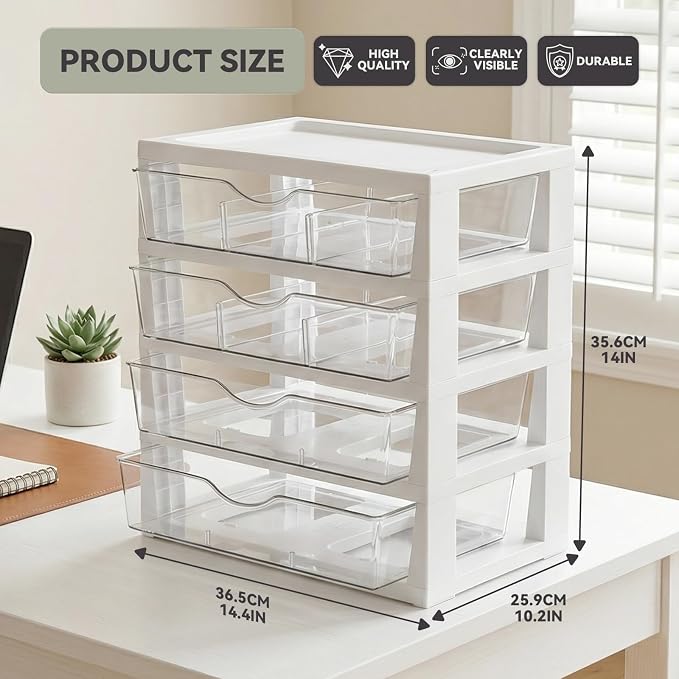 novelinks Drawer Organizer, 4-Tier Paper Organizer Drawers with Dividers | Plastic Desk Organizers and Accessories with Drawers, Under Desk Drawer, File Organizer for Desk, Office Supply Organizer
