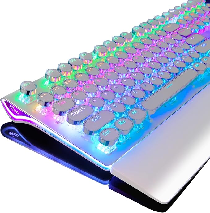 RK ROYAL KLUDGE S108 Typewriter Mechanical Keyboard, Full RGB Gaming Keyboard, Wired PC Game Keyboards with Detachable Wrist Rest and Number Pad, Retro Round Keycaps, Brown Switch White