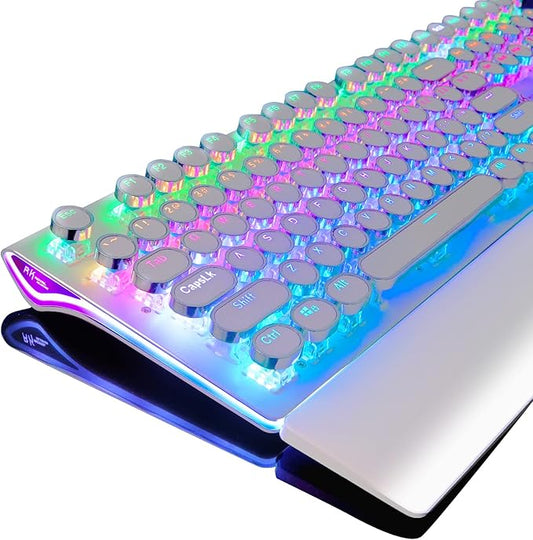 RK ROYAL KLUDGE S108 Typewriter Mechanical Keyboard, Full RGB Gaming Keyboard, Wired PC Game Keyboards with Detachable Wrist Rest and Number Pad, Retro Round Keycaps, Brown Switch White