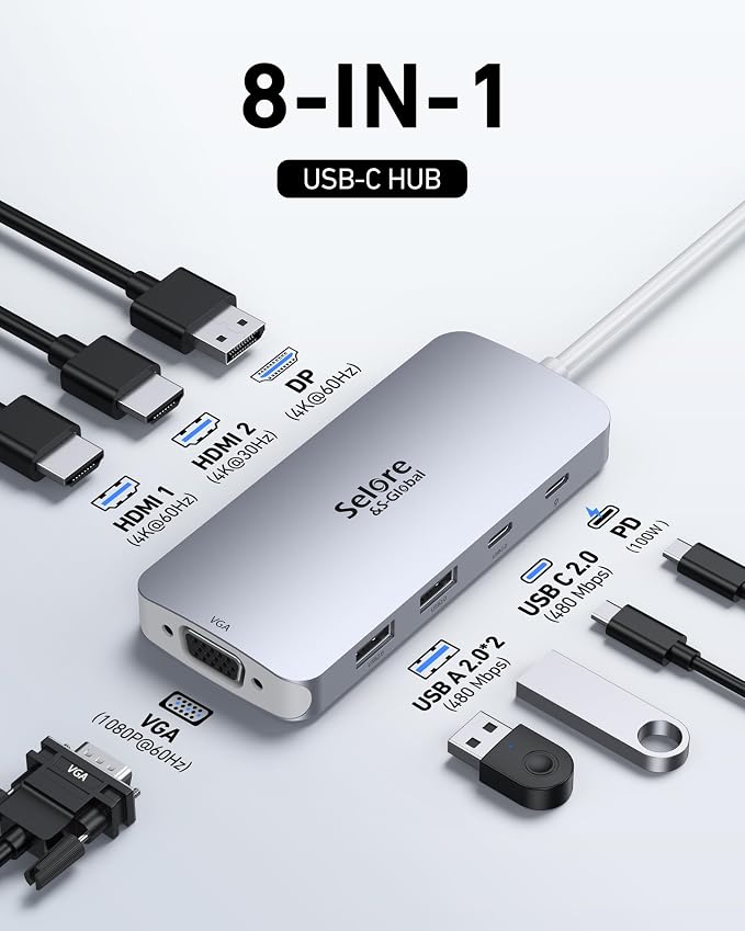 USB C Docking Station Dual HDMI Monitor Adapter, Selore USB C Hub 3 Monitors with Dual HDMI, Displayport, VGA, 100W PD Charging, 3USB 2.0 Ports Adapter for Dell XPS,HP, Lenovo,etc(Silver)