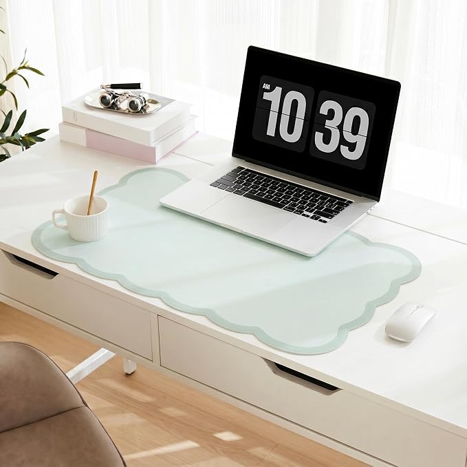Scalloped Desk Mat, 23.6" x 11.8" Cute Small Aesthetic Desk Accessories, PU Leather Computer Laptop Desk Mouse Keyboard Pad, Desk Writing Mat for Vanity/Work/Home Decor Sage Green