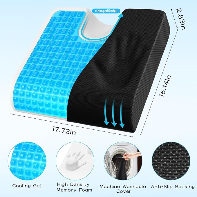 TranquilMoments Seat Cushion, Gel Wheelchair Seat Cushion, Black | Wheelchair Seat Cushion Cooling Gel Memory Foam, Tailbone Pain Relief, Removable Cover & Non - Slip Bottom Chair Cushion