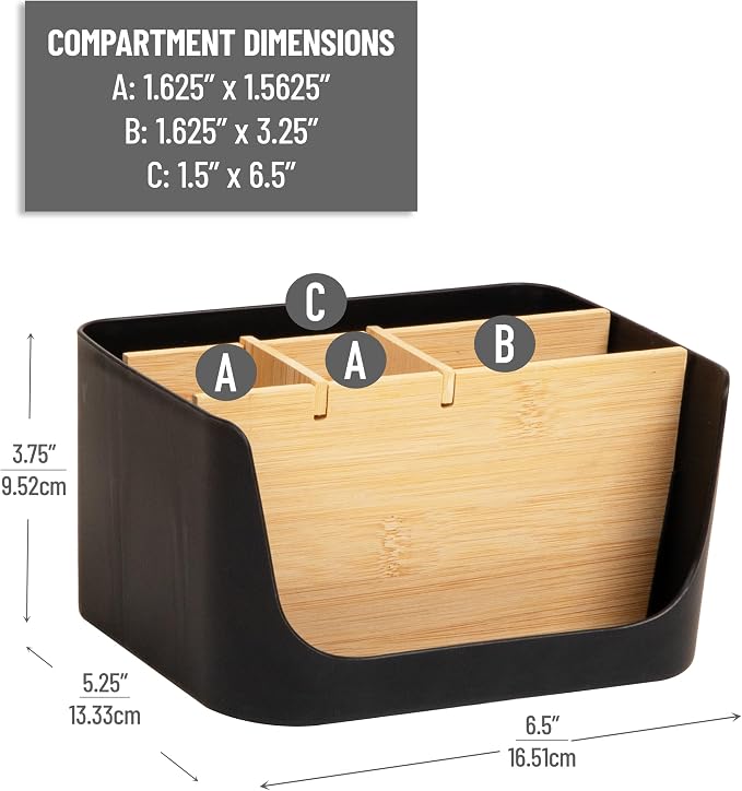 Mind Reader 5-Compartment Desktop Organizer, Adjustable Caddy, Plastic and Wood, Black