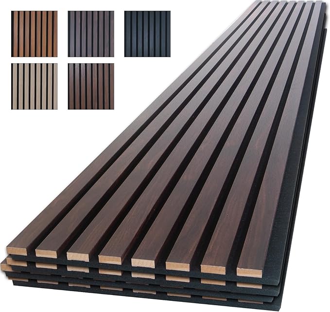NeatiEase Wood Panels for Wall, 4-Piece 94.5" x 11" Soundproof Wood Slat Wall Panel for Interior Wall Decor Noise Cancelling, Acoustic Wall Panels, Sound Absorbing Panel (Dark Walnut)