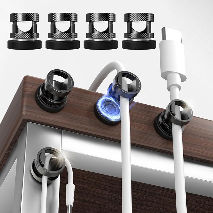 Maveek 8 Pack Magnetic Cable Holders, Cord Anchor for Desk, Metallic Black | Wire Organizer USB Charging For Home Nightstand Office Desk Car Dash Cam, Stronger Hold Maget, Self-Adhesive & Magnetic Mount