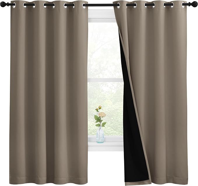NICETOWN 100% Blackout Curtains with Black Liners, Thermal Insulated Full Blackout 2-Layer Lined Drapes, Energy Efficiency Window Draperies for Bedroom (Taupe, 2 Panels, 55-inch W by 68-inch L)