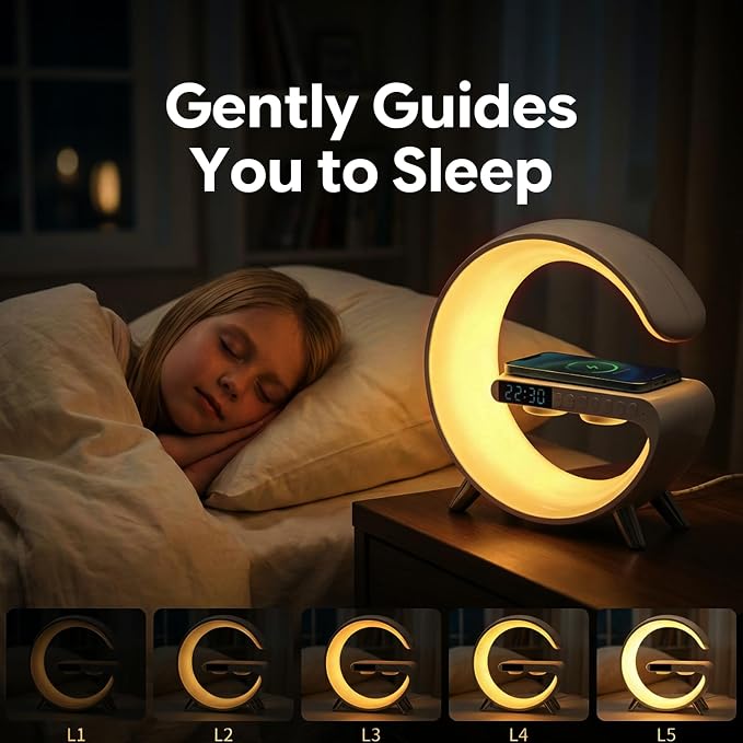 Smart LED Table Lamp Alarm Clock for Bedroom with Wireless Charging Bluetooth Speaker, App Controlled Night Light for Kids, Christmas Birthday Gifts for Teens Adults Desk Office Bedroom Decor (White）