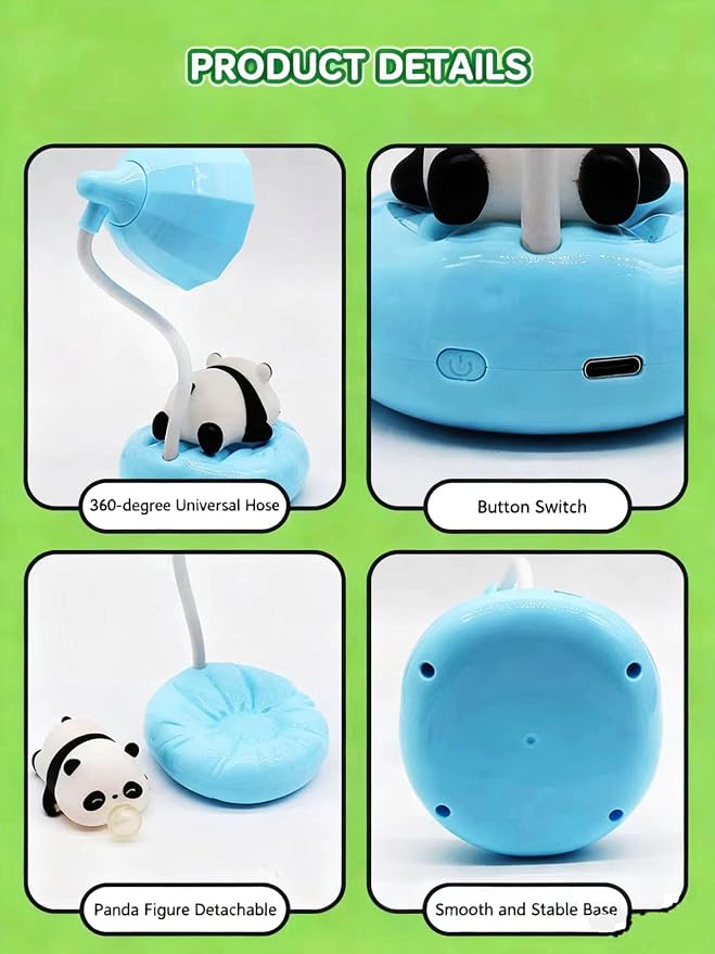 Cute Panda Night Light, Rechargeable Bedside Lamp, 3-Level Touch Control Adjustable, LED Desk Lamp with USB for Bedroom Study Room, Boys Girls Gift (Blue)