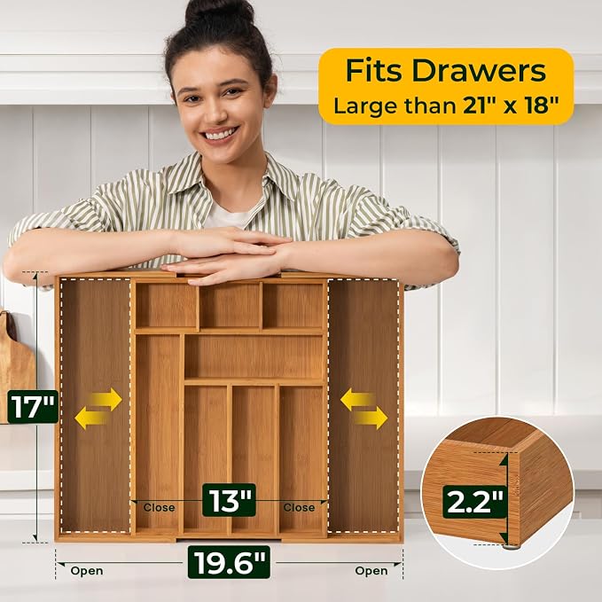 keechee 6-Piece Bamboo Drawer Organizer Set, 2.2" Deep Multi-Use Organizers for Utensils, Silverware, Cutlery, Desk, Bathroom, Junk Drawer & Makeup, Non-Slip Feet Included.
