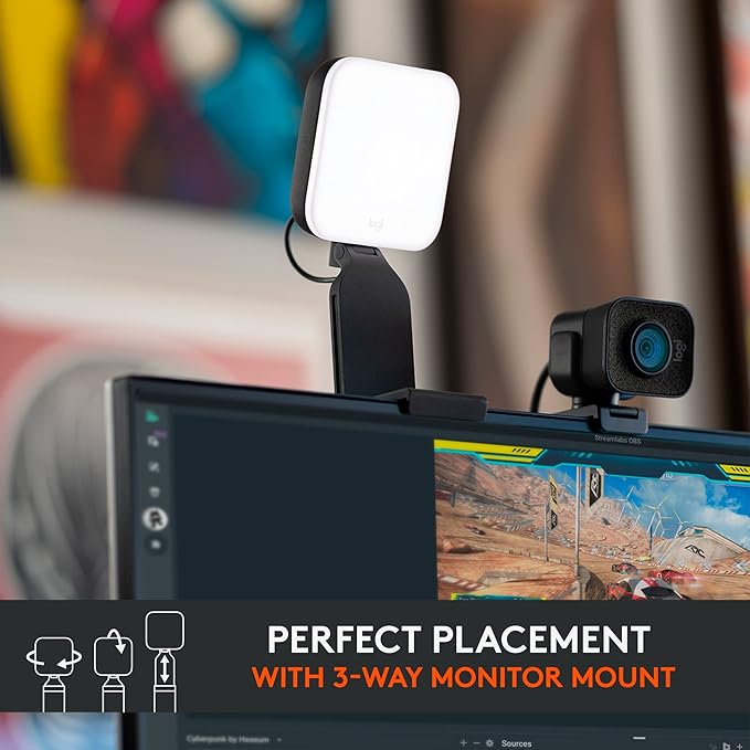 Logitech Brio 301 Full HD Webcam with Privacy Shutter, Noise Reduction Microphone-Off White + Litra Glow Premium LED Streaming Light with TrueSoft, adjustable monitor mount
