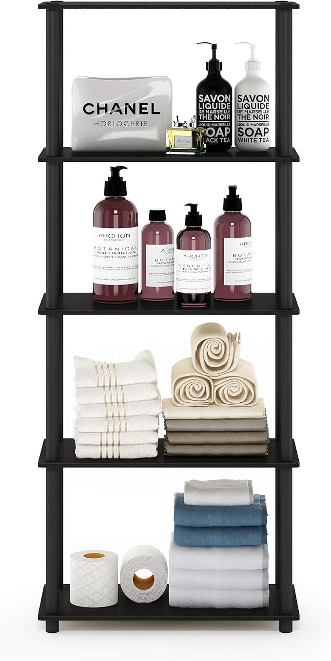 Furinno TURN-N-TUBE Storage Shelves, 5-Tier Book Shelf, Corner Shelf, Toolless Open Shelves, for Organization and Storage, Living Room, Garage, Home Office, Espresso