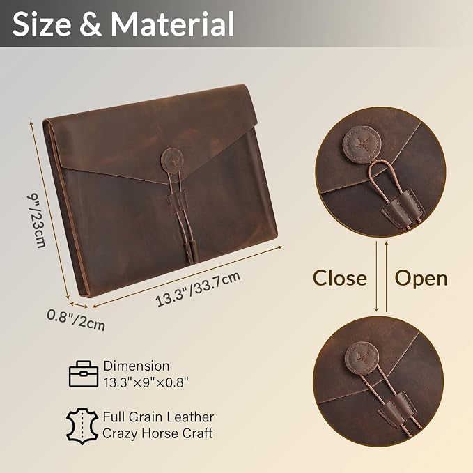 Genuine Leather Folder Portfolio, Leather File Folder Organizer，Envelope Document Holder for Men&Women, Personalized Folio Laptop Sleeve Case for 15" Laptops, Tablets