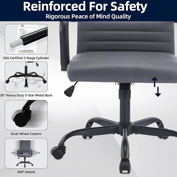 Office Chair, Ergonomic Executive Conference Room Chairs, Ribbed Leather Desk Chair with Lumbar Support, Adjustable Height Mid-Back Swivel Chair with Padded Seat