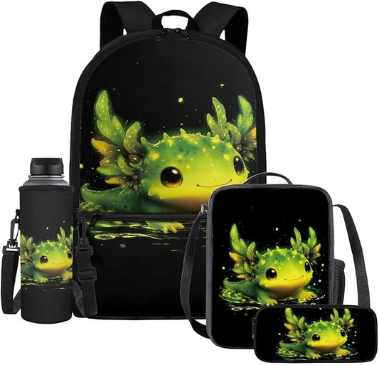WELLFLYHOM Axolotl 17 Inch School Backpack for Kids 5-6 Girls Kawaii Book Bag with Lunch Box Pencil Case Water Bottle Case Back to School Supplies