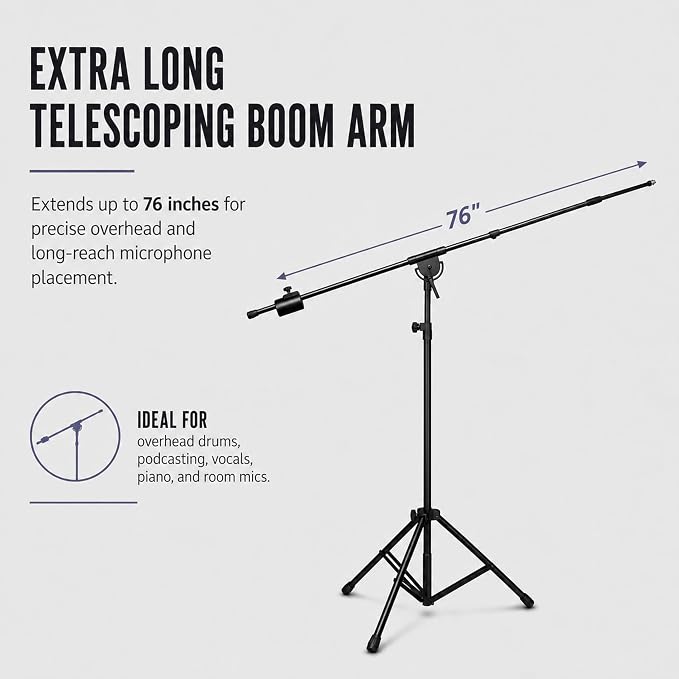 LyxPro SMT-1 Professional Microphone Stand Heavy Duty 93” Studio Overhead Boom Stand 76” Extra Long Telescoping Arm Mount, Foldable Tripod Legs & Adjustable Counterweight | OVERHEAD STUDIO BOOM STAND: Tall 93 inch mic stand with 76 inch boom for drums,...
