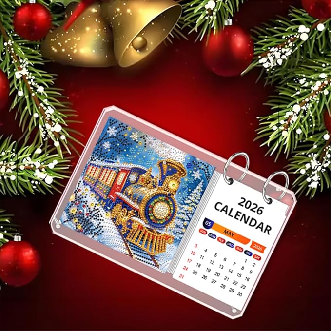 2026 Standing Desk Calendar DIY Diamond Art Painting Monthly Flip Desktop Calendar Mosaic Kits Acrylic Tabletop Calendars Diamond Art Craft Supplies Planner for Office Home Decor-Train