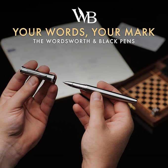 Wordsworth and Black Rollerball Pen - Luxury Pen - Chrome Finish, Silver Lacquer, Ink Refill, Refillable Gift for Men & Women, Professional Writing, Nice and Fancy Pens and for Work
