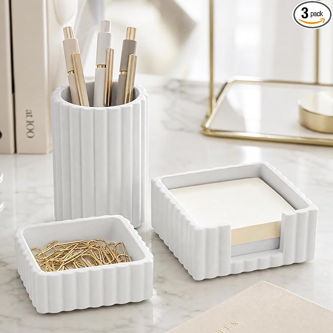 Aesthetic Desk Organizer Set of 3 For Your Office - Sturdy Concrete Desktop Accessories For Women Enhance Any Office Decor - Set incl. Pen Holder, Paperclip Storage & Sticky Note Holder for Teacher