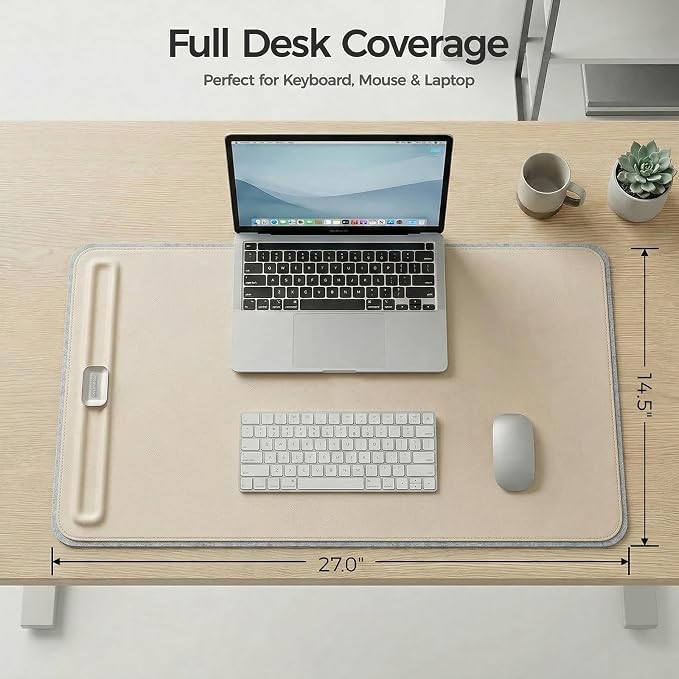 Desk Mat – Double-Sided Vegan Leather & Felt | Built-In Magnetic Cable Organizer & File Storage | Premium Workspace Pad for Office, Gaming & Creative Professionals-（Beige）
