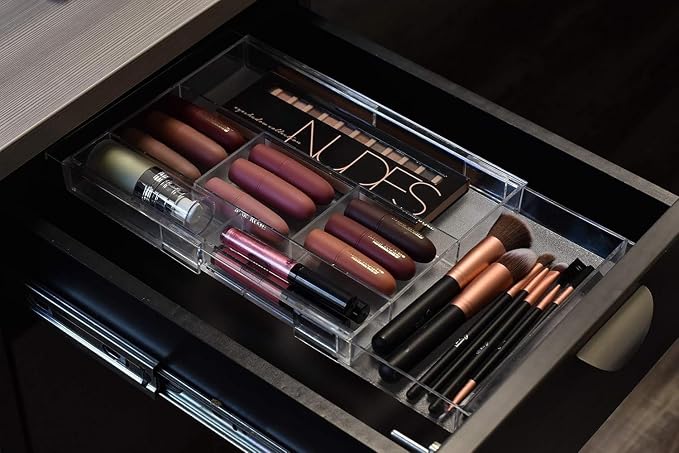 Masirs Expandable Drawer Organizer - Customizable Makeup Vanity Organizing Storage Tray for Bathroom, Bedroom & Desk Drawers - Clear Plastic Cosmetics Organizers with Expanding Compartment (Set of 2)